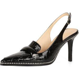 Women Crocodile Black Stiletto Beaded Pointed Toe Slip On Loafers Slingback Heel